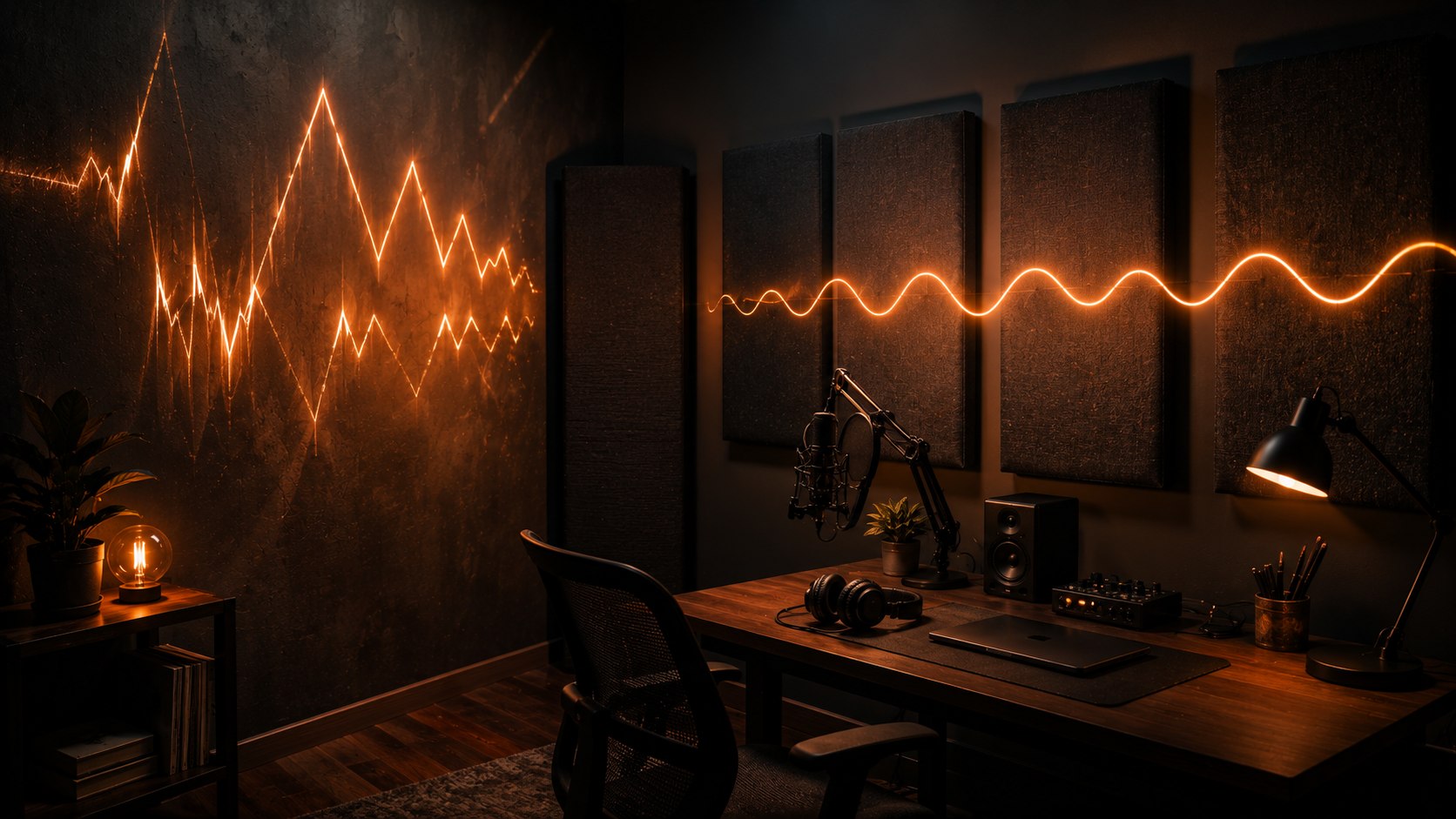 Domácí studio s akustickými panely na stěně a znázorněním odrazu zvukové vlny