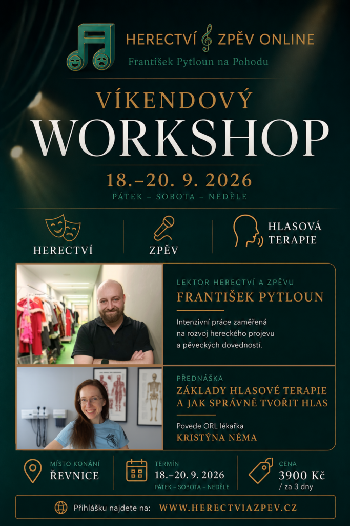 Leták víkendového workshopu herectví a zpěvu 18.–20. září 2026 v Řevnicích