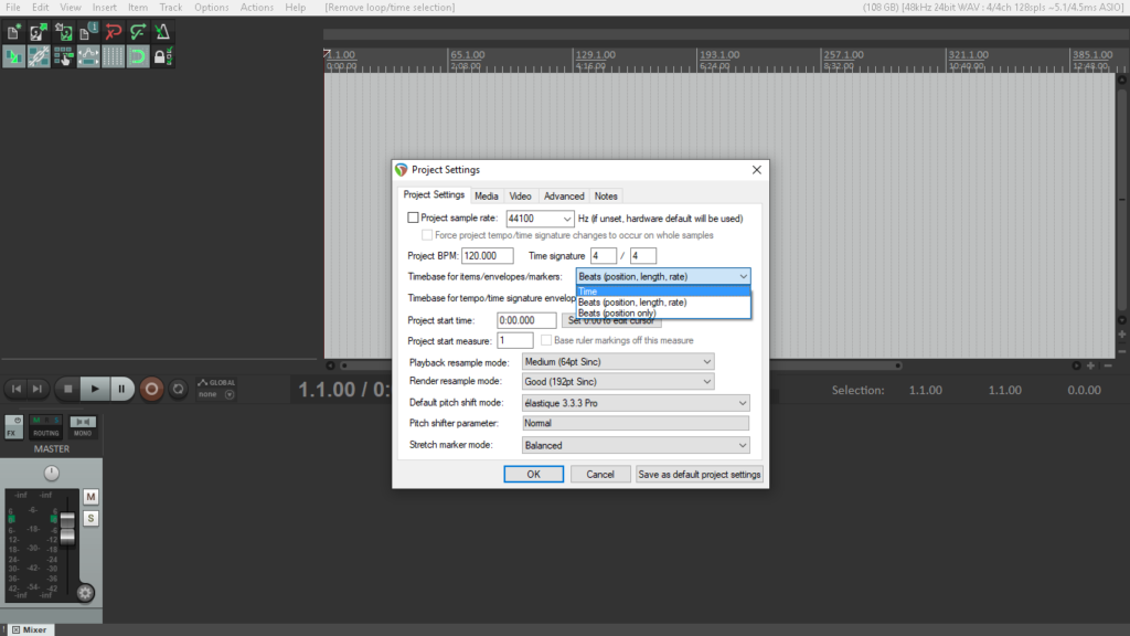 Reaper - Project Settings